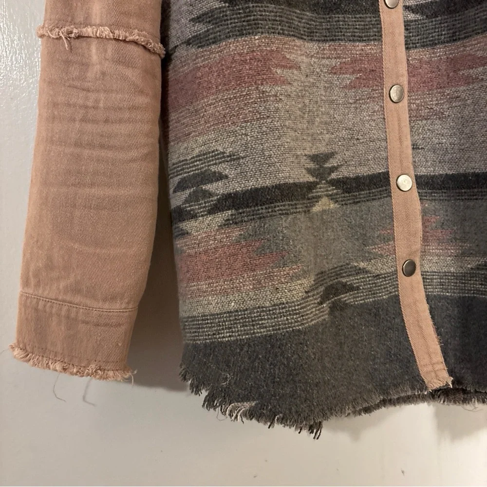 Mystree Womens S Western Wool Bl Blanket Denim Raw Edge Snap Pink Shacket Jacket
